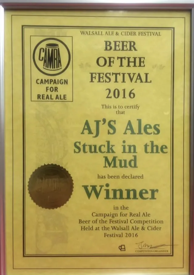 CAMRA Beer of the Festival 2016 certificate awarded to AJ's Ales Stuck In The Mud at the Walsall Ale & Cider Festival