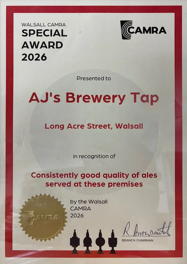 Walsall CAMRA Special Award 2026 certificate presented to AJ's Brewery Tap, Long Acre Street, Walsall